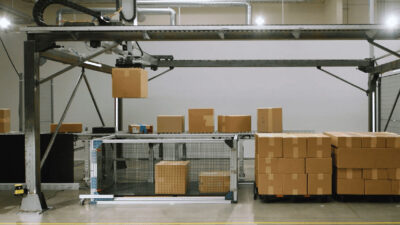 The AmbiStack system from Ambi Robotics picking up a box.