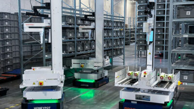 Three Brightpick Autopickers in a warehouse.