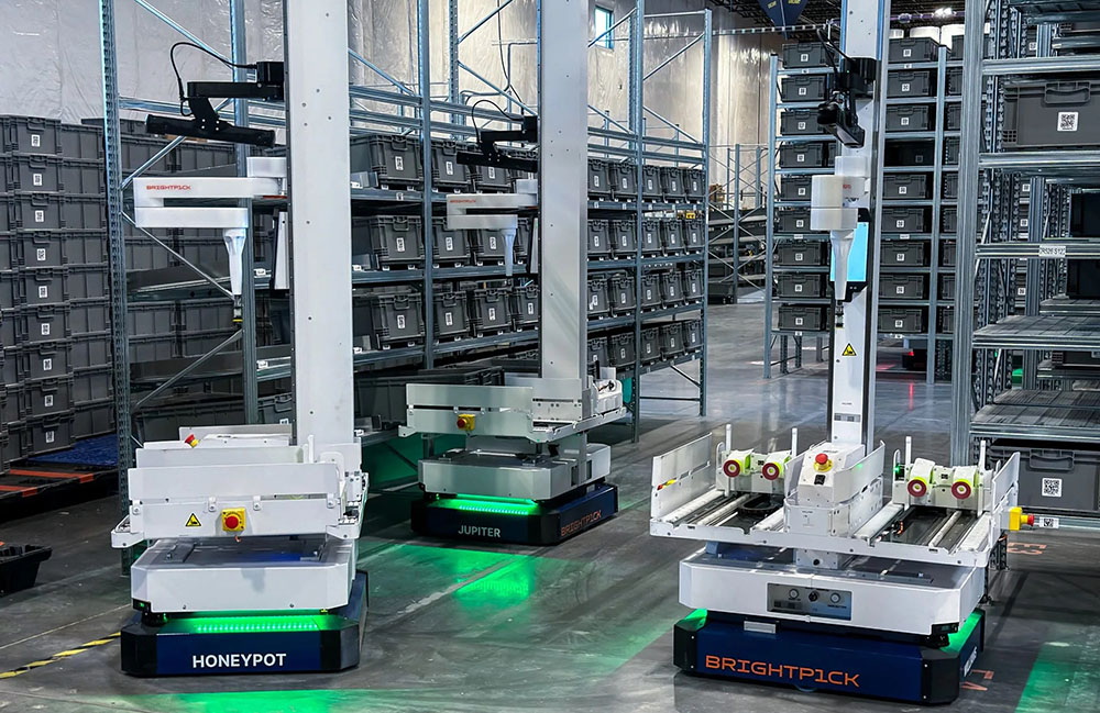 Three Brightpick Autopickers in a warehouse.