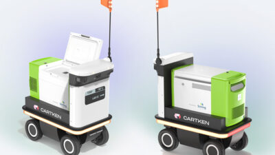 Two Cartken Hauler robots with integrated Stirling Ultracold ULT25NEU freezer.