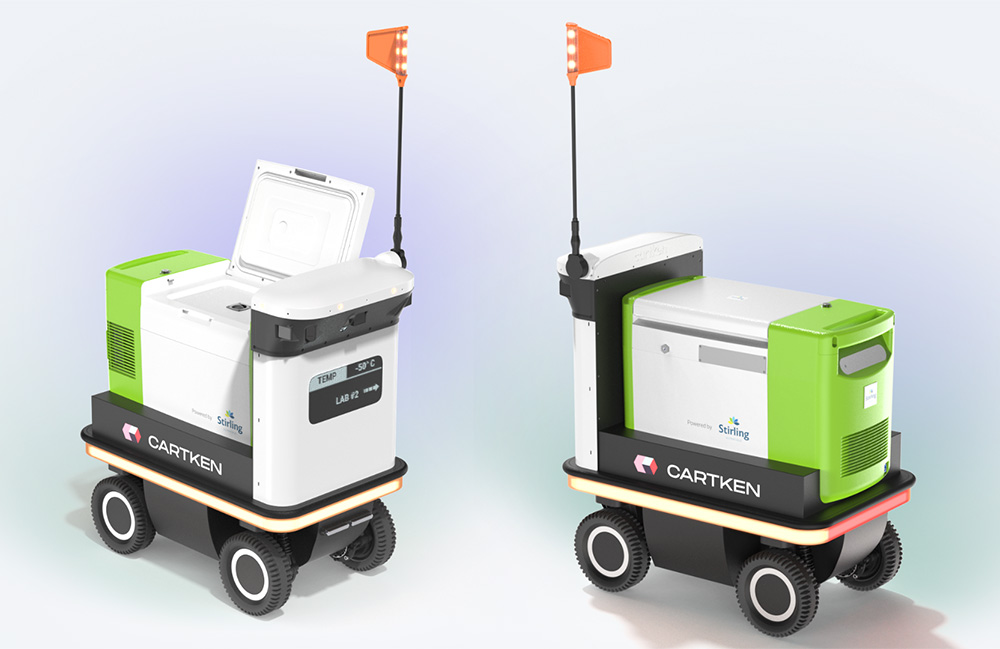Two Cartken Hauler robots with integrated Stirling Ultracold ULT25NEU freezer.