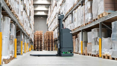 A MiR1200 Pallet Jack in a warehouse. Teradyne is integrating its AMRs and cobots with Honeywell software.