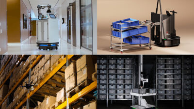 A MiR mobile manipulator in the hospital, an automated pallet jack, a drone in a warehouse, and Brightpick's new AutoPicker.