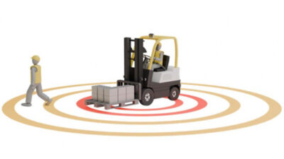An illustration of a forklift approaching a person with concentric circles around the forklift.