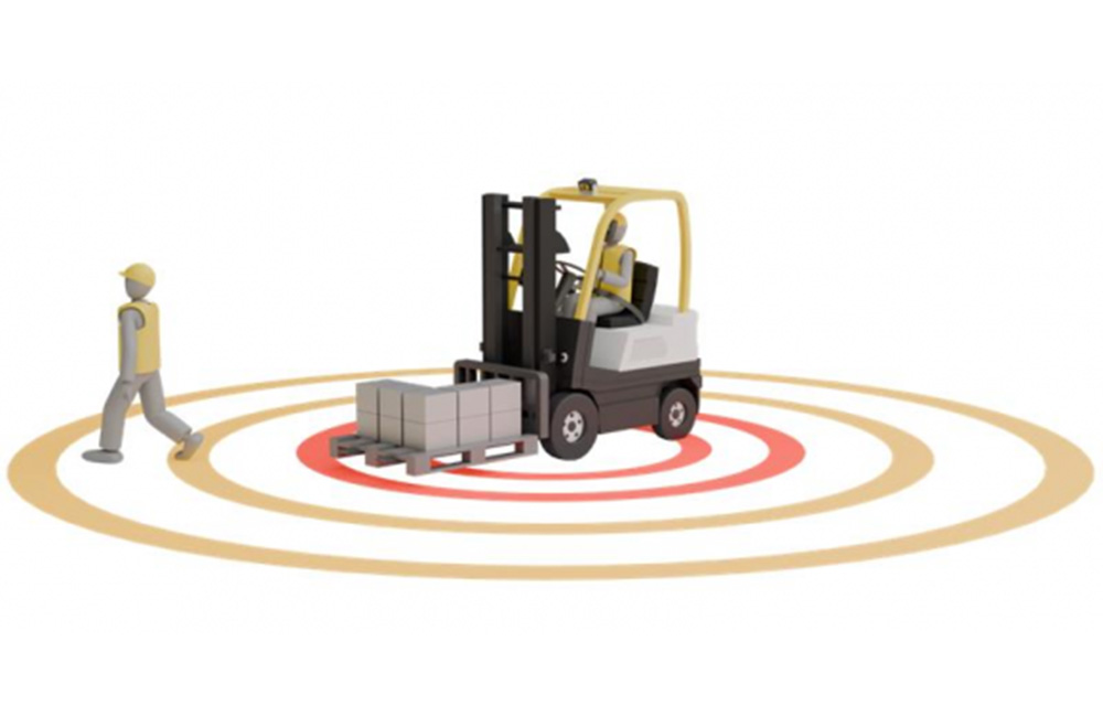 An illustration of a forklift approaching a person with concentric circles around the forklift. ELOKON has developed safety sensors to integrate into vehicle fleets.