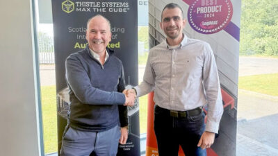 Mike Cairns, CEO of Thistle Systems (left) shakes hands with Branislav Pulis, Chief Revenue Officer at Brightpick (right).