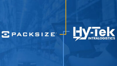 Packsize and Hy-Tek's logos on a blue background.