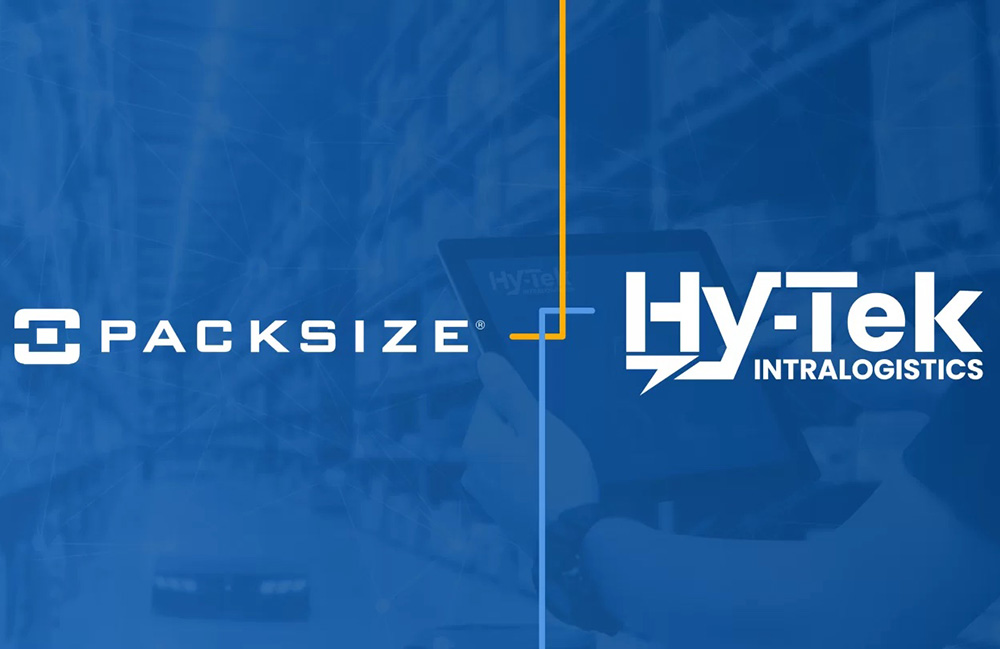 Packsize and Hy-Tek's logos on a blue background.
