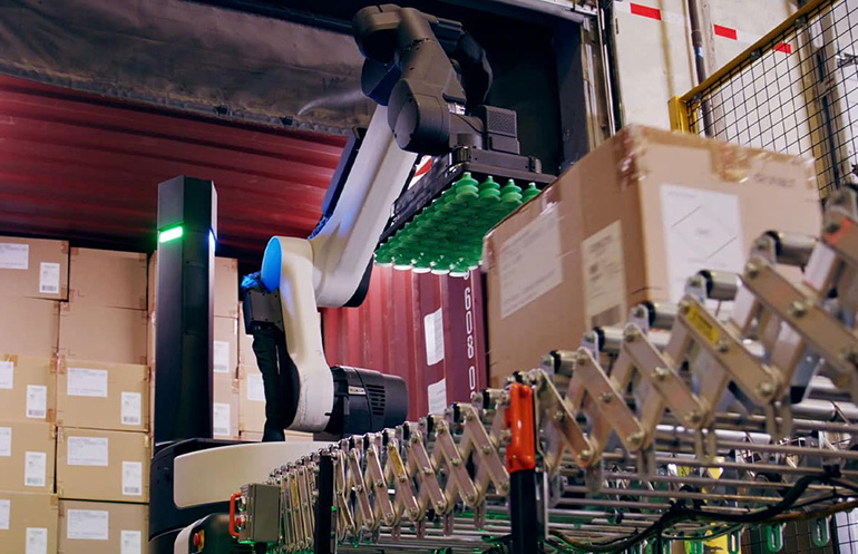 The Stretch robot, shown here, promises steady case unlaoding throughput.