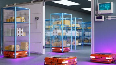 Autonomous mobile robots in a warehouse. Interact Analysis says that once-rapidly growing market is slowing.