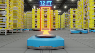Amazon said it has deployed 1 million robots across its global network. Shown here: a mobile robot in an Amazon warehouse.
