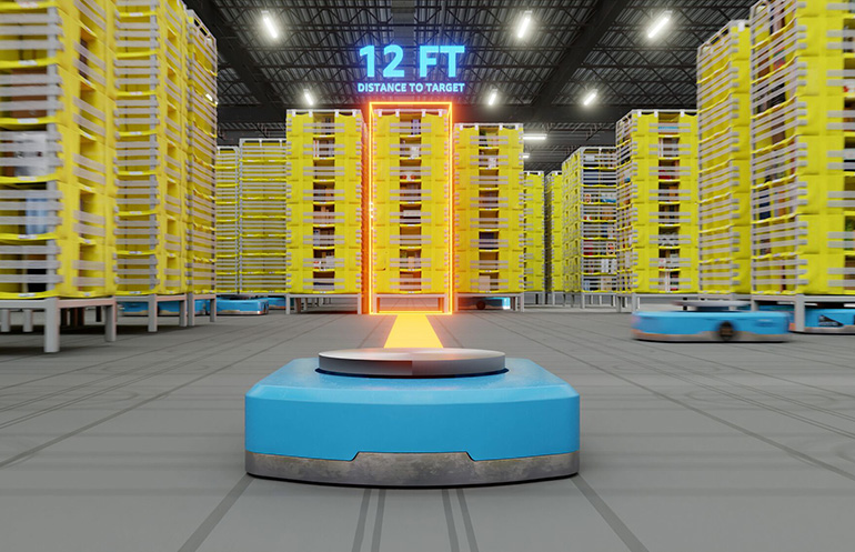 Amazon said it has deployed 1 million robots across its global network. Shown here: a mobile robot in an Amazon warehouse.
