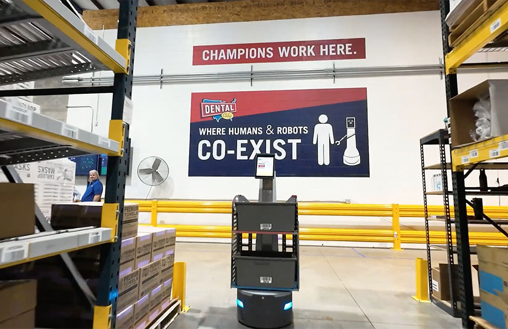 A Locus Robotics robot in a Dental City warehouse.
