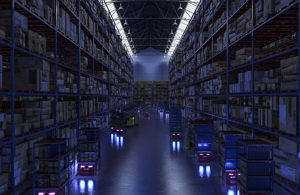 A lights out warehouse with mobile robots.