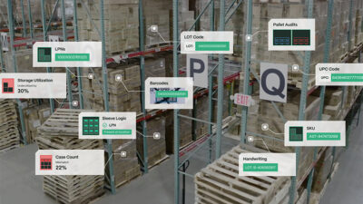 Burwell Material Handling will distribute Gather AI's systems, which can scan multiple data types, as shown here in this graphic of warehouse shelves and inventory data.