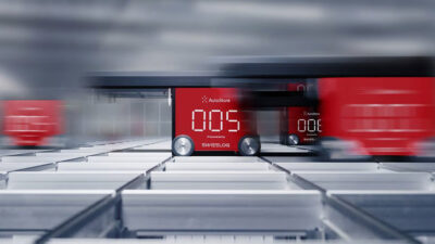 AutoStore's ASRS system with Swisslog branding.