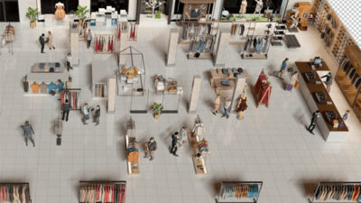 A rendering of an apparel store. Retailers such as Fabletics are using gStore, which includes FRID, analytics, and an app, to improve inventory accuracy, says GreyOrange.