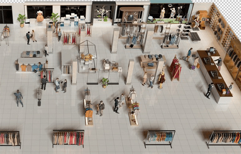 A rendering of an apparel store. Retailers such as Fabletics are using gStore, which includes FRID, analytics, and an app, to improve inventory accuracy, says GreyOrange.