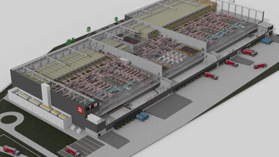 Rendering of the Picnic grocery fulfillment center automated by TGW Logistics in Oberhausen, Germany.