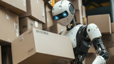 A humanoid robot carrying a cardboard box in a warehouse with stacked boxes around it. Humanoids could be useful, but so are specialized robots, argues GreyOrange's CEO.