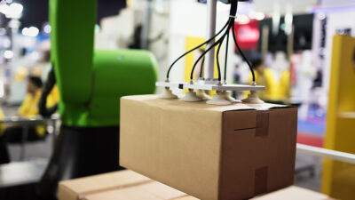 A robot picking up a box with a suction gripper.