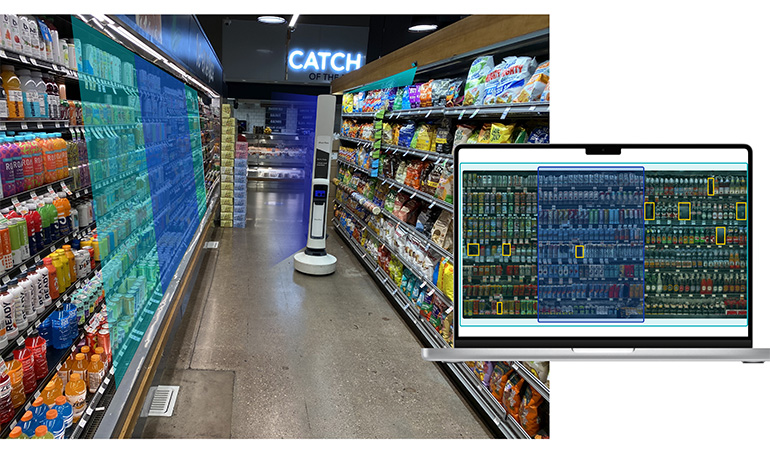 An inventory robot in a grocery store. Tally and Tally Spot feed data for dashboards and Simbe Mobile 2.0. 