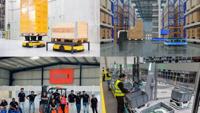 Four images: two Dematic AMRs picking up shelving, AMRs and an automated forklift working in a warehouse, the Control One team with an automated Forklift, and Exotec robots working in a warehouse.