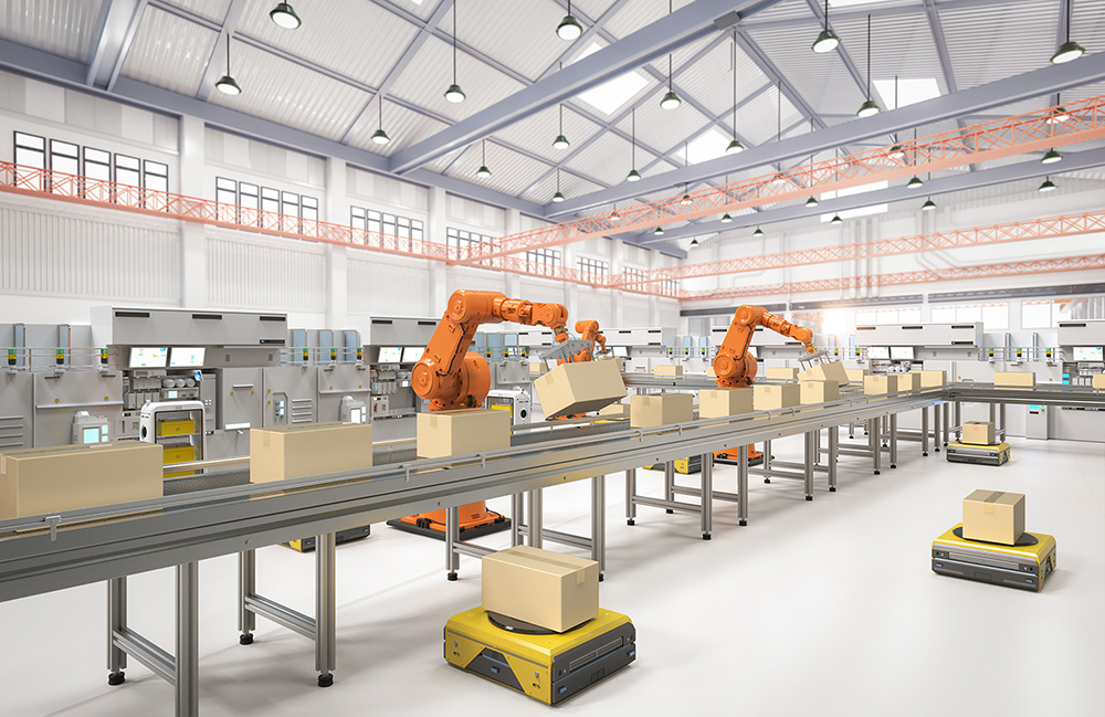 Robot arms and AMRs working together in a warehouse.