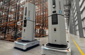 Dexory inventory robots in a Maersk warehouse. DexoryView combines data from mobile scanners with AI.