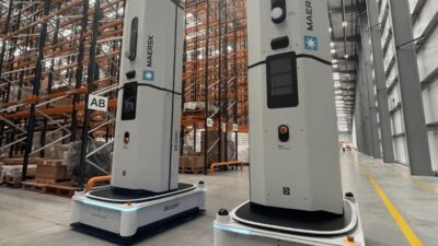 Dexory inventory robots in a Maersk warehouse. DexoryView combines data from mobile scanners with AI.