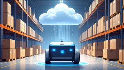 Mobile robot in a warehouse connected to the cloud infrastructure. eInfochips will connect InOrbit's mobile robot operations software to the cloud.