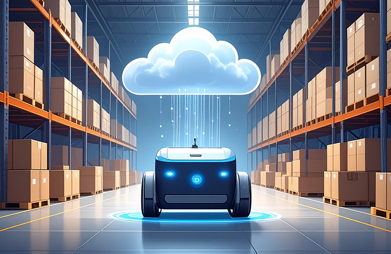 Mobile robot in a warehouse connected to the cloud infrastructure. eInfochips will connect InOrbit's mobile robot operations software to the cloud.
