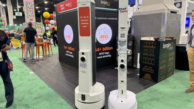 Brain Corp showed multiple inventory robots at Grocery Shop 2025.