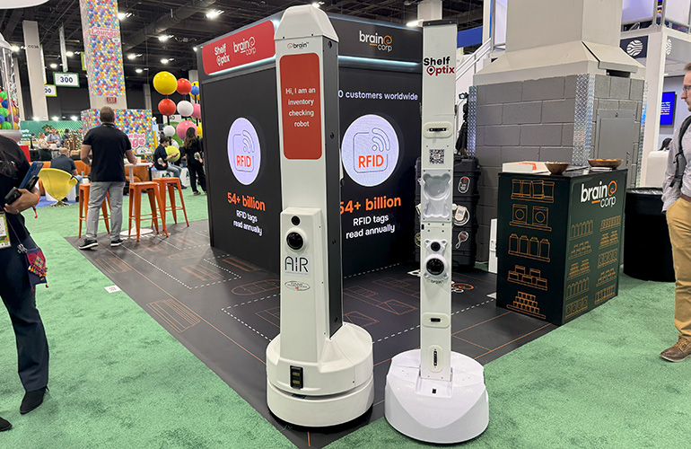 Brain Corp showed multiple inventory robots at Grocery Shop 2025.