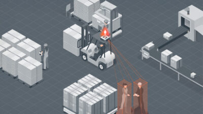 Slamcore Aware provides pedestrian alerts to lift truck operators, as seen in this rendering.