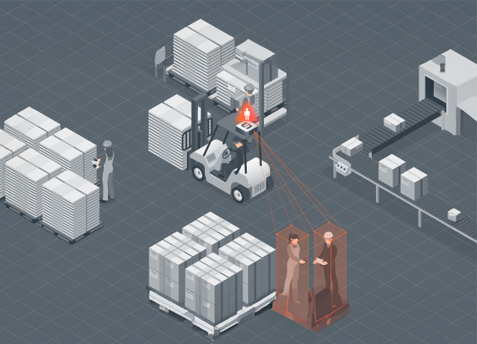 Slamcore Aware provides pedestrian alerts to lift truck operators, as seen in this rendering.