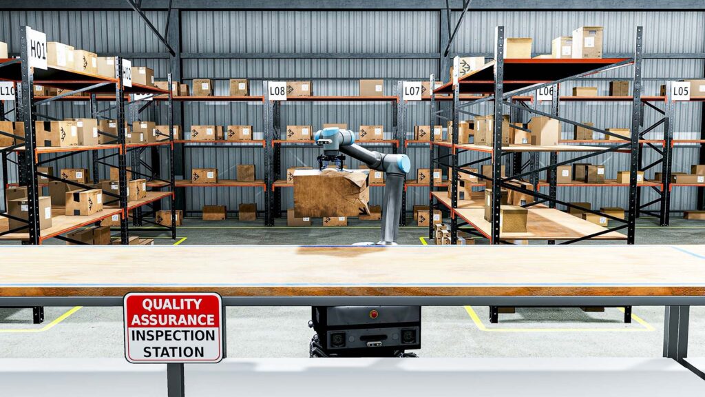 A mobile manipulator with the Robotec tech stack picking up a box in a warehouse.