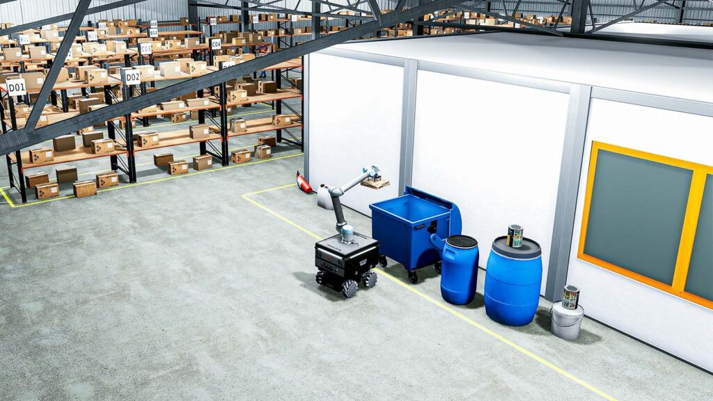 A mobile manipulator throwing a crushed box into a trashcan in a warehouse.