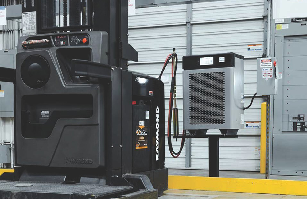 Toyota Material Handling's Raymond Lithium Ion Powered High Capacity Orderpicker connected to ACT charging technology.