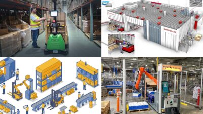 A Formic forklift, an AutoStore system, an illustration of robots in a warehouse, and a Formic palletizing workcell.
