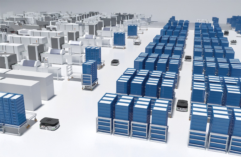 Computer-generated image of mobile robots in a warehouse. 'Latent lifting' AMRs are designed for precise positioning in warehouses and factories, says iRAYPLE.