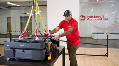 A worker at Rockwell Automation headquarters in Milwaukee assembling the OTTO 600.