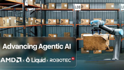 A robot arm picking up a damaged box with racks of shelving with more boxes in the background. The image says, "Advancing Agentic AI. AMD x Liquid AI x Robotec.AI.
