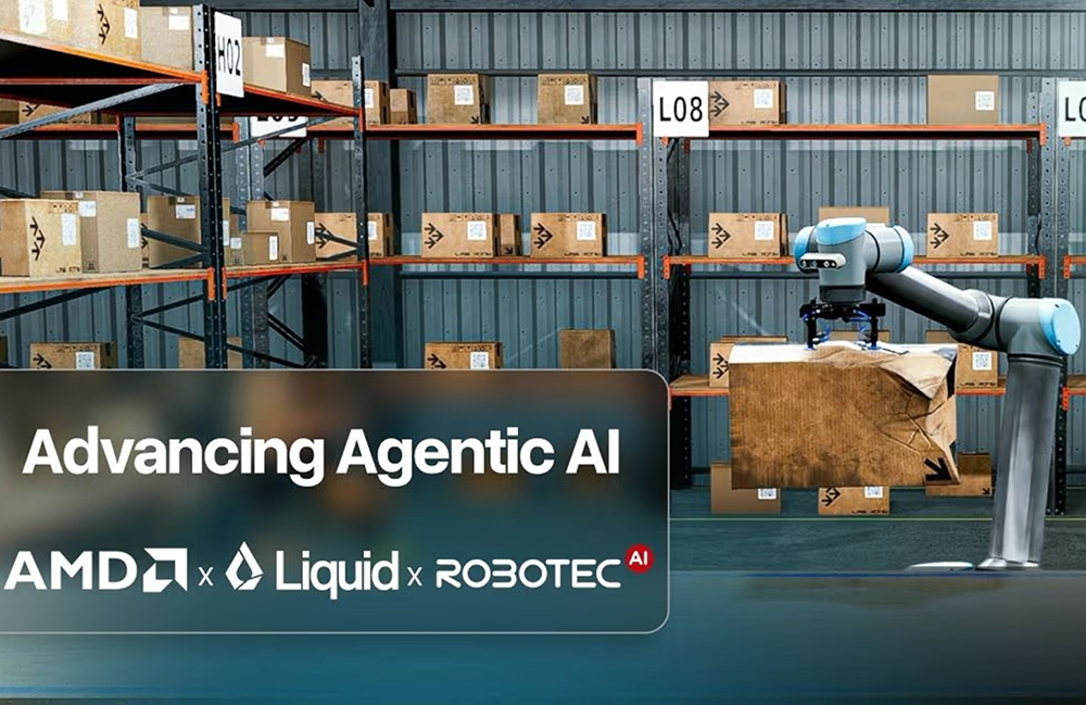 A robot arm picking up a damaged box with racks of shelving with more boxes in the background. The image says, "Advancing Agentic AI. AMD x Liquid AI x Robotec.AI."
