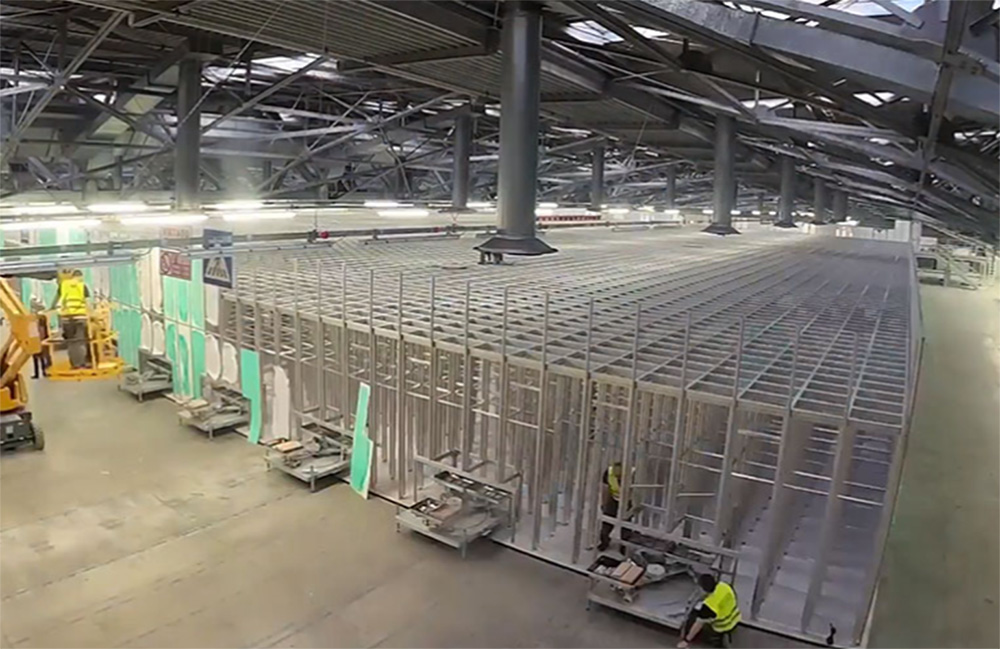 Inside a warehouse with an ASRS installed. 