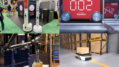 A retail mobile robot, an AutoStore robot, an Amazon robot, and an AMR carrying a box.