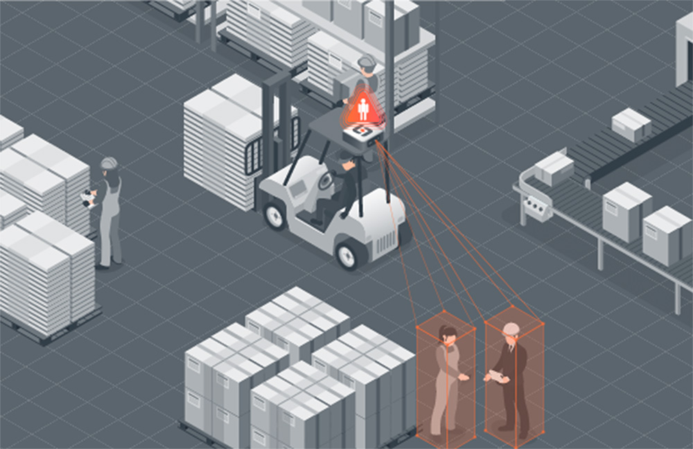 An illustration showing a forklift detecting people in a warehouse. Slamcore provides spatial awareness for efficiency and safety.