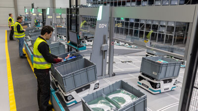 Skypod, shown here, along with Skypath and Deepsky, augment human warehouse labor.