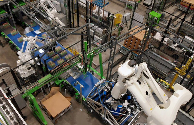 Symbotic provides vision-guided autonomous robots such as these to induct, store, and retrieve products.