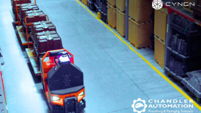 The Cyngn Tugger in a warehouse.